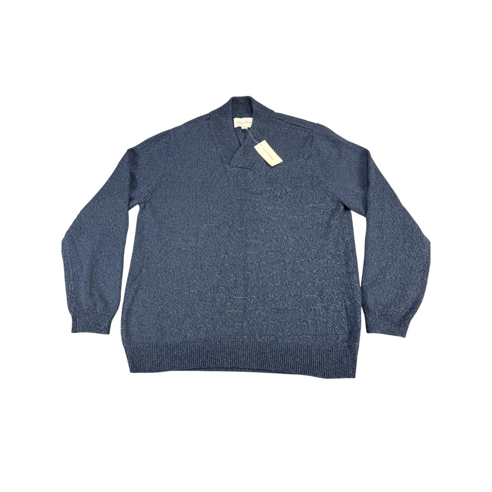 Sun + Stone Mens Shawl Collar Sweater Navy Blue Cotton Knit Pullover L